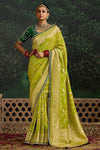 Lime Green Designer Banarasi Dola Silk Saree With Golden Zari Work