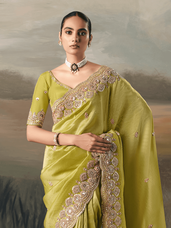 Lime Green Embroidered Designer Organza Silk Saree