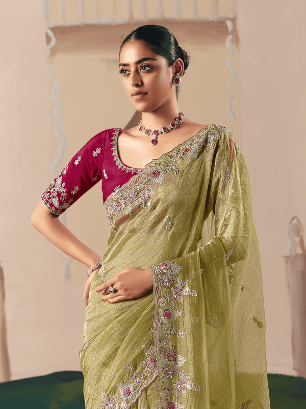 Lime Green Organza Silk Saree
