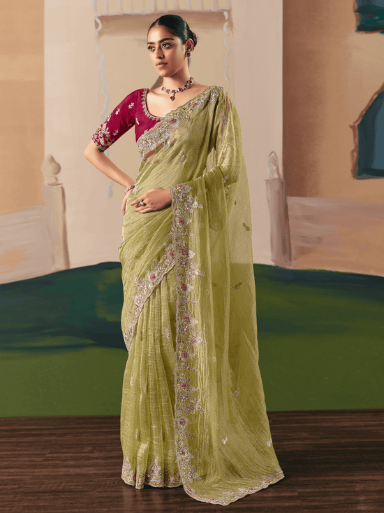 Lime Green Organza Silk Saree