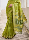 Lime Green Zari Woven Soft Silk Saree With Ikat Pallu