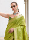 Lime Green Zari Woven Soft Silk Saree With Ikat Pallu