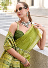 Lime Green Zari Woven Soft Silk Saree With Ikat Pallu