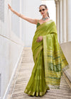 Lime Green Zari Woven Soft Silk Saree With Ikat Pallu