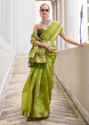 Lime Green Zari Woven Soft Silk Saree With Ikat Pallu