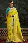 Lime Yellow Designer Banarasi Dola Silk Saree With Golden Zari