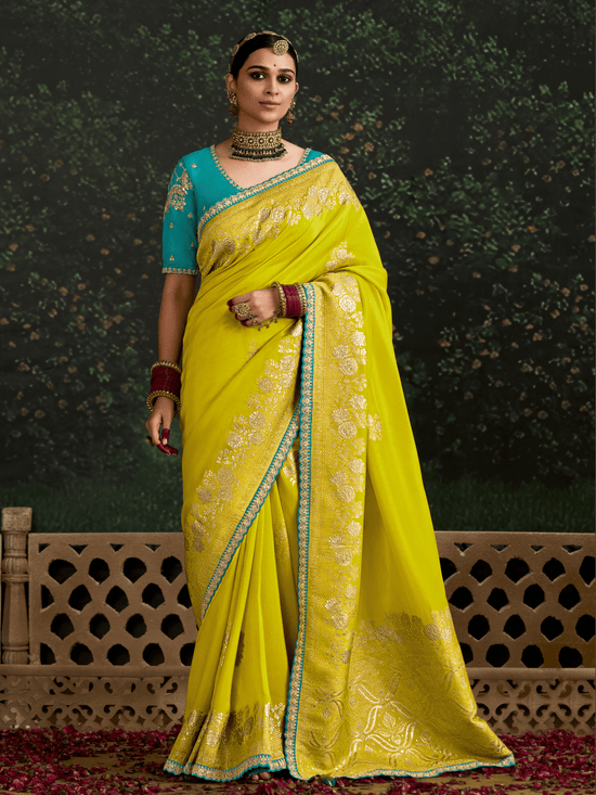 Lime Yellow Designer Banarasi Dola Silk Saree With Golden Zari