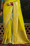 Lime Yellow Designer Banarasi Dola Silk Saree With Golden Zari