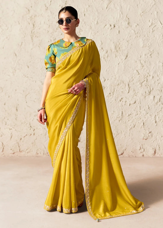 Lime Yellow Designer Organza Tissue Silk Saree With Printed Blouse