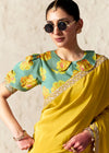 Lime Yellow Designer Organza Tissue Silk Saree With Printed Blouse