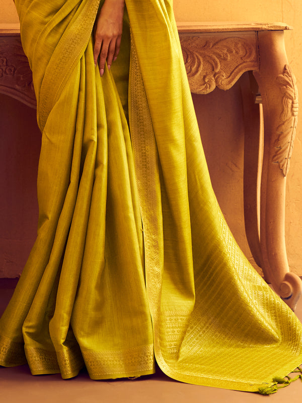 Lime Yellow Woven Designer Tussar Silk Saree, border and drape