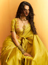 Lime Yellow Woven Designer Tussar Silk Saree, blouse close-up