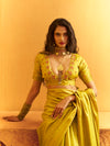 Lime Yellow Woven Designer Tussar Silk Saree, blouse close-up