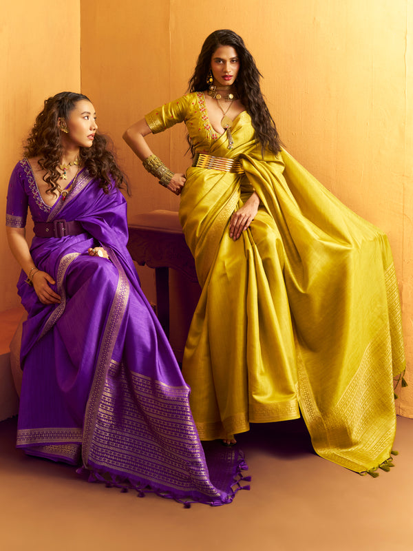 Lime Yellow Woven Designer Tussar Silk Saree, shown with other colours