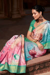 Lotus Pink And Green Banarasi Digital Printed Saree