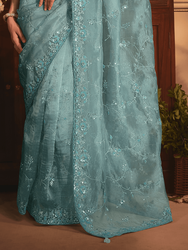 Luxe Teal Organza Silk Saree