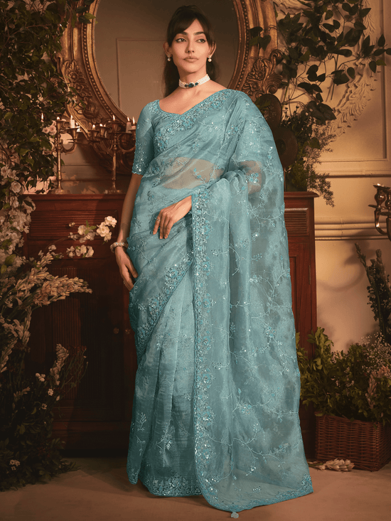 Luxe Teal Organza Silk Saree