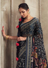 Luxurious Gunmetal Blue Printed Brasso Organza Saree