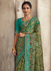 Luxurious Olive Green Printed Brasso Organza Saree