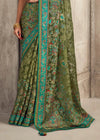 Luxurious Olive Green Printed Brasso Organza Saree