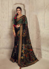 Luxurious Raisin Black Printed Brasso Organza Saree