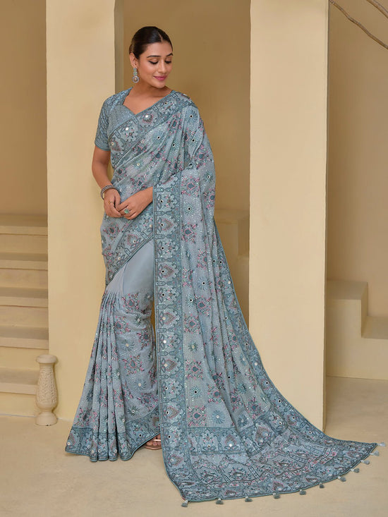 Luxury Grey Banarasi Silk Saree With Grand Embroidery