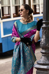 Magenta Banarasi Silk Saree With Peacock Blue Zari Border