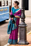 Magenta Banarasi Silk Saree With Peacock Blue Zari Border