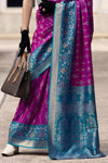 Magenta Banarasi Silk Saree With Peacock Blue Zari Border