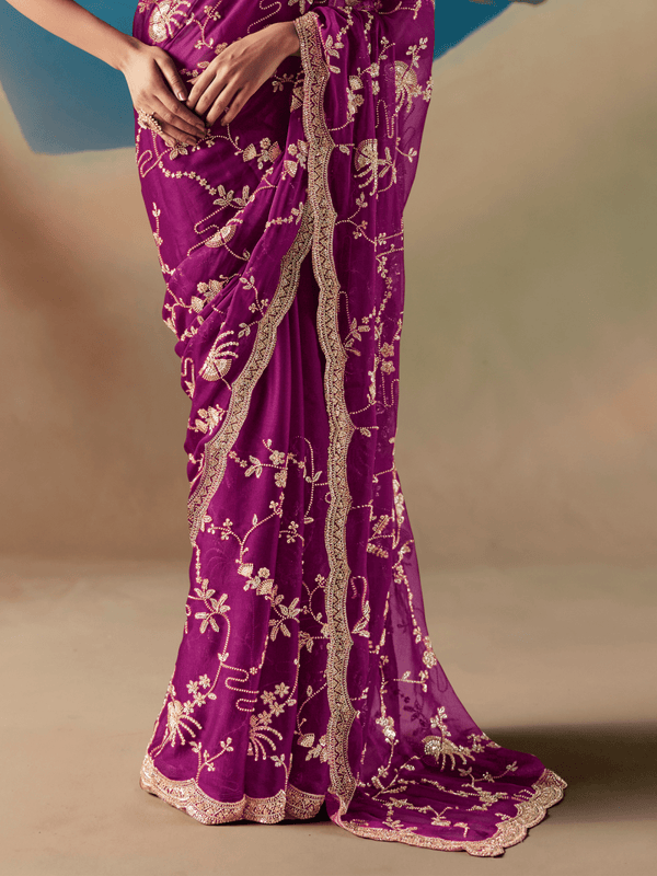 Magenta Embroidered Designer Organza Silk Saree
