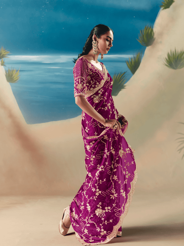 Magenta Embroidered Designer Organza Silk Saree