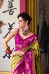 Magenta Pink and Olive Green Banarasi Soft Silk Saree