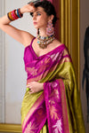 Magenta Pink and Olive Green Banarasi Soft Silk Saree