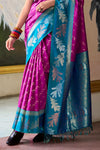 Magenta Pink and Turquoise Blue Banarasi Soft Silk Saree