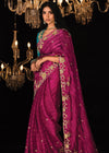 Magenta Pink Heavy Embroidery Designer Silk Saree