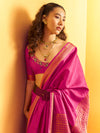 Magenta Pink Woven Designer Tussar Silk Saree, blouse close-up