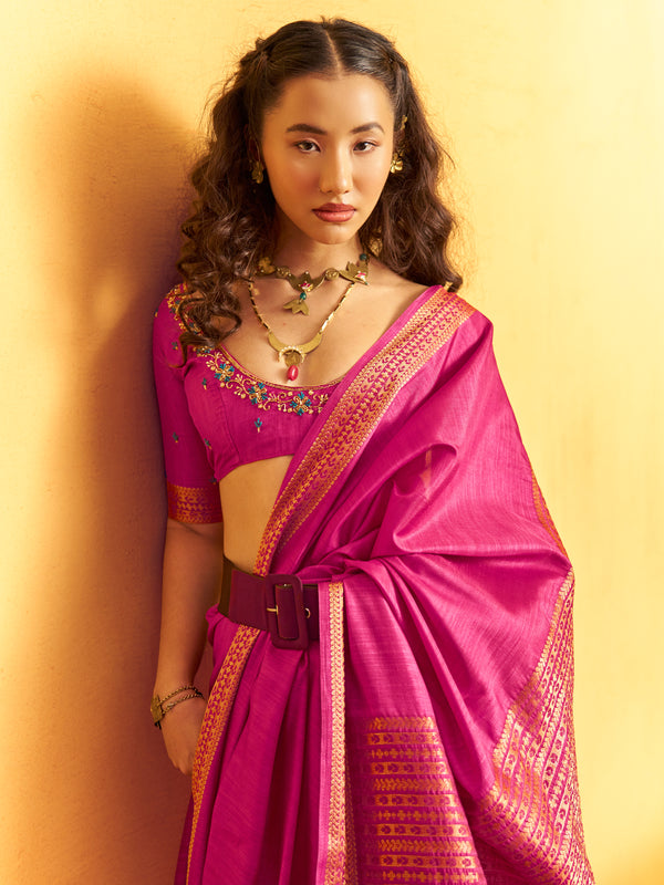 Magenta Pink Woven Designer Tussar Silk Saree, blouse close-up
