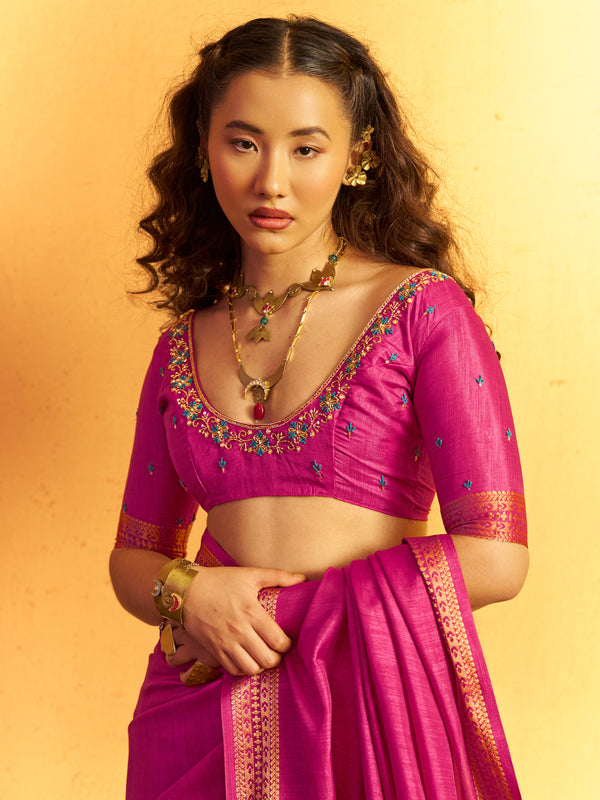 Magenta Pink Woven Designer Tussar Silk Saree, blouse close-up