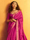 Magenta Pink Woven Designer Tussar Silk Saree, pallu and blouse