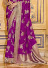 Magenta Purple Banarasi Crepe Silk Saree with Yellow Contrast Blouse