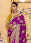 Magenta Purple Banarasi Crepe Silk Saree with Yellow Contrast Blouse
