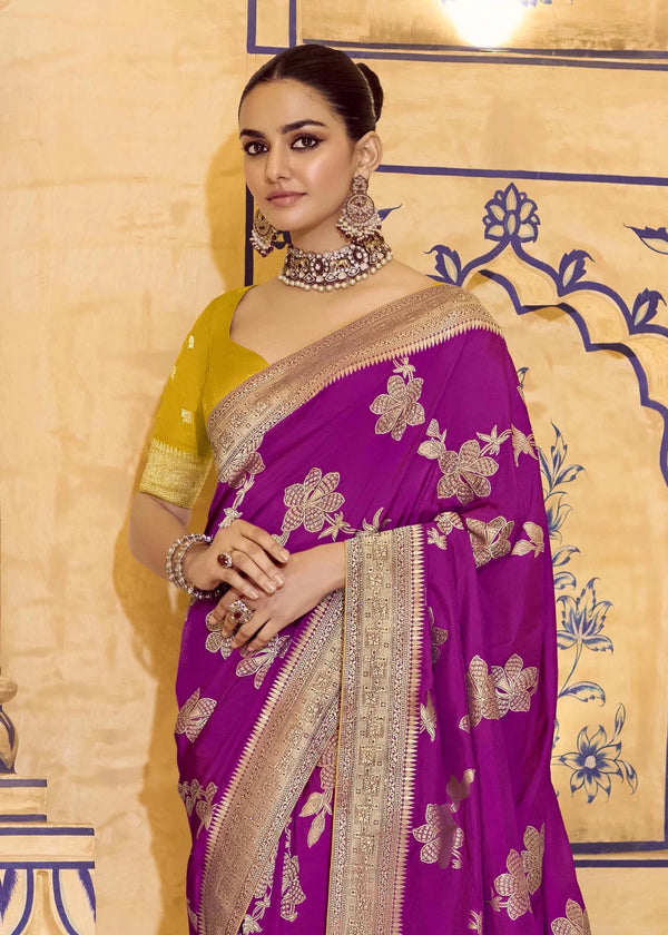 Magenta Purple Banarasi Crepe Silk Saree with Yellow Contrast Blouse