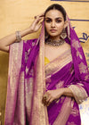 Magenta Purple Banarasi Crepe Silk Saree with Yellow Contrast Blouse