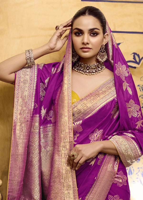 Magenta Purple Banarasi Crepe Silk Saree with Yellow Contrast Blouse