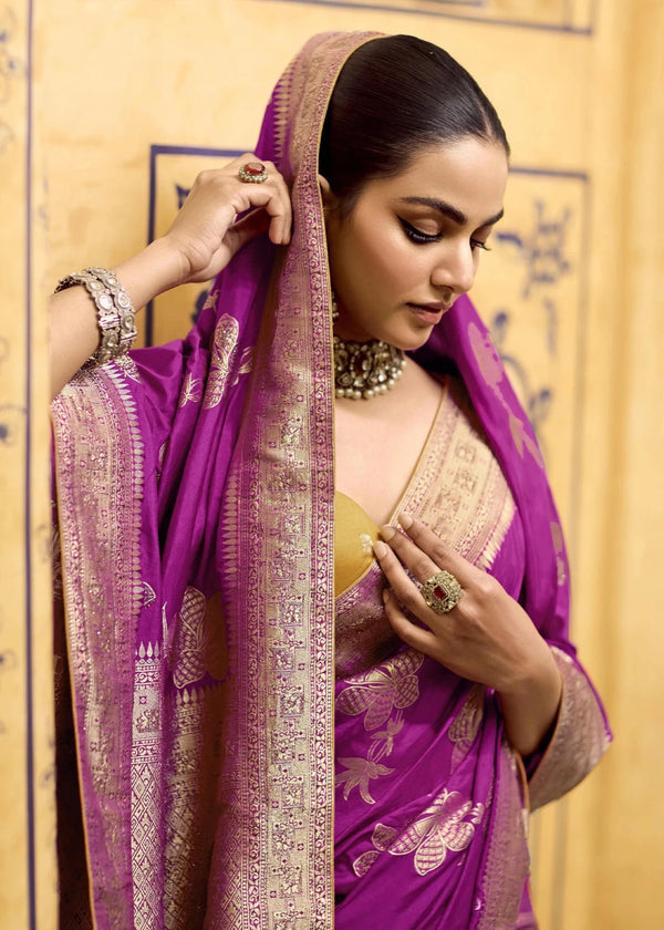 Magenta Purple Banarasi Crepe Silk Saree with Yellow Contrast Blouse