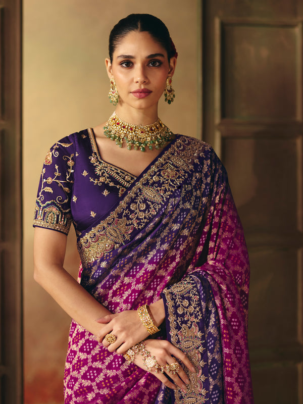 Magenta Purple Bandhani Banarasi Georgette Saree, pallu and blouse