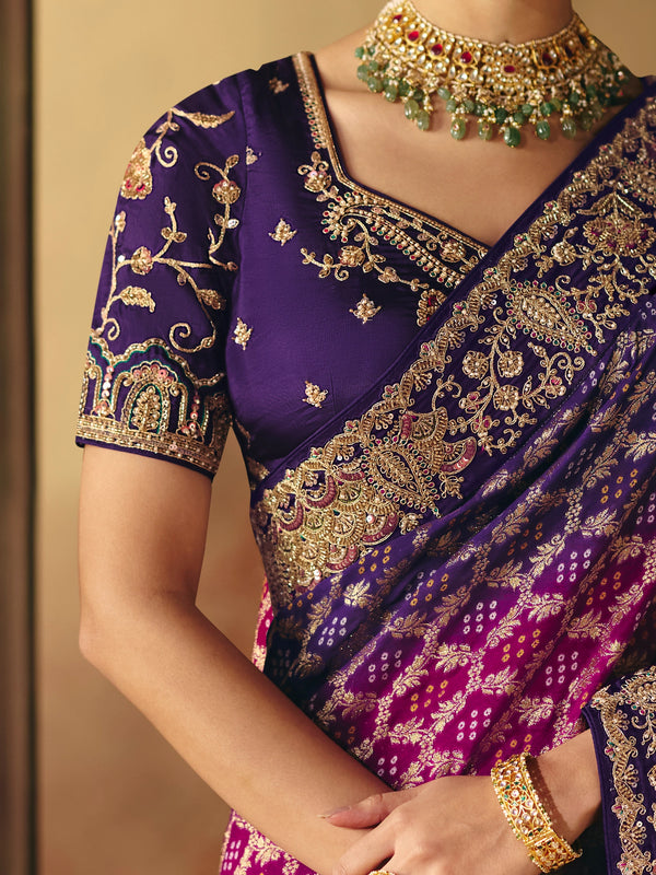 Magenta Purple Bandhani Banarasi Georgette Saree, blouse close-up