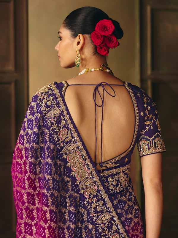 Magenta Purple Bandhani Banarasi Georgette Saree, back view