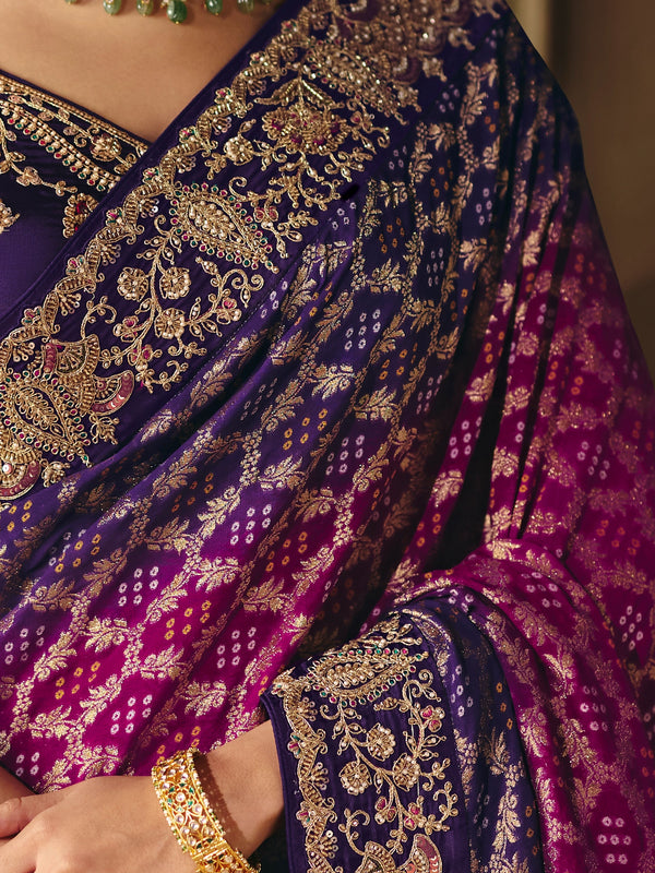 Magenta Purple Bandhani Banarasi Georgette Saree, weave and work detail