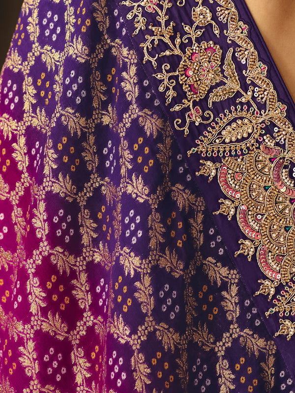 Magenta Purple Bandhani Banarasi Georgette Saree, fabric close-up